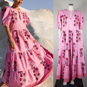 Oliphant Tuckernuck Boca Pink Puff Sleeve Midi Cotton Block Print Dress Size S